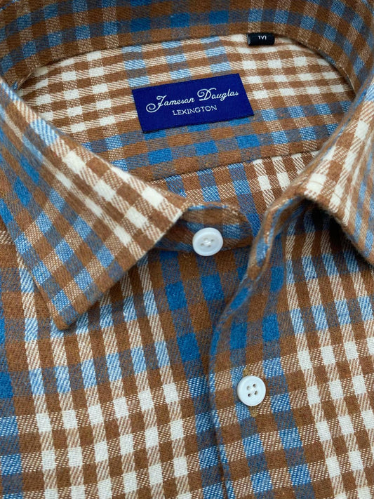 Brown and Blue Plaid Flannel Shirt
